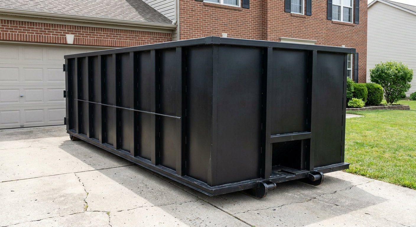 Matte-black 20-yard roll-off container on a Yuma residential concrete driveway with reinforced ribbed steel sidewalls and a hinged rear walk-in door, clean bright daylight.
