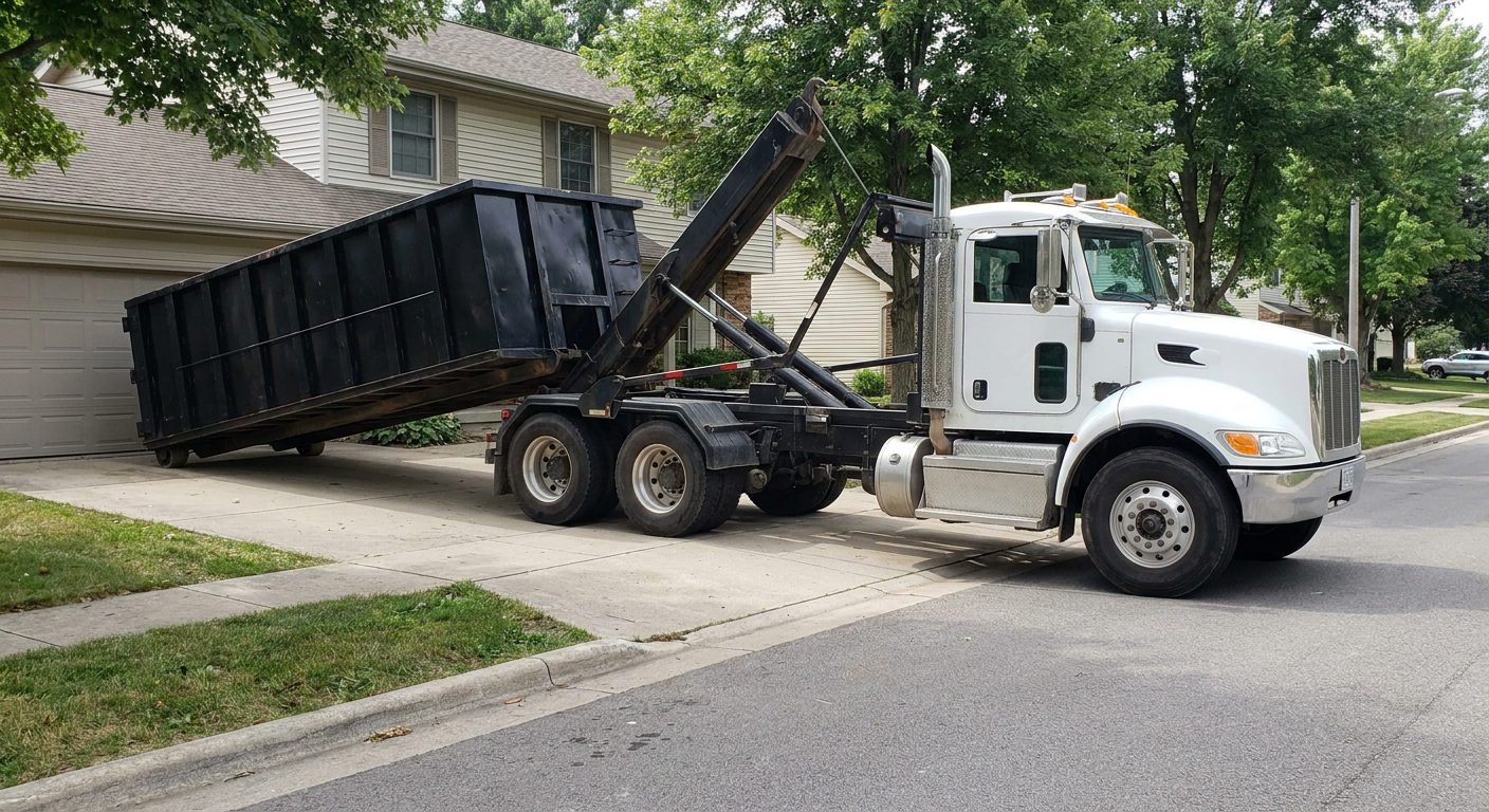 White-cab hooklift roll-off truck actively lowering a matte-black dumpster onto a Yuma residential concrete driveway, the dumpster's rear wheels touching the driveway as the hoist arm tilts the bed forward, mid-morning daylight.