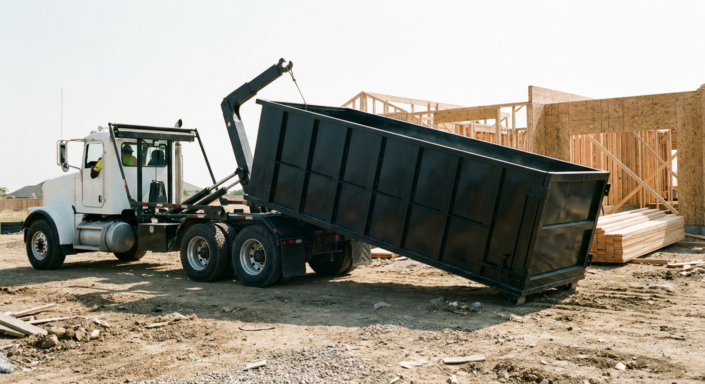 Matte-black roll-off dumpster being delivered onto a clean residential concrete driveway in Yuma by an unmarked white hooklift hauler truck, bright morning daylight, documentary 35mm perspective.